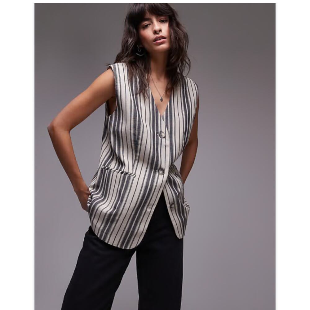 Topshop Striped Linen Blend Button Up Vest Size 6